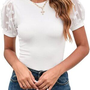 Women's Round Neck Slimming Swiss Dots Mesh Puff Sleeve Bodysuit Blouse Casual R